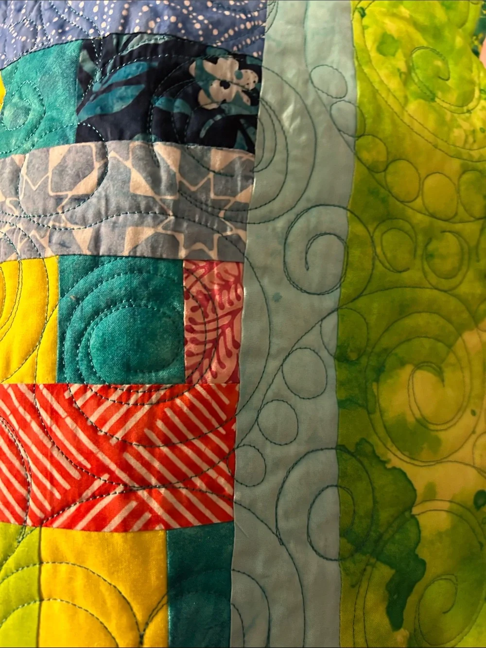 ONE OF A KIND- HANDCRAFTED Multicolor Strip Quilt - Vibrant Green, Blue & Pink